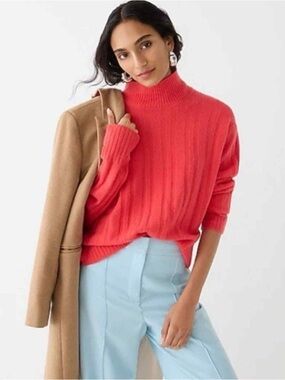J Crew Women's Relaxed Fit Ribbed Mockneck Sweater in Softest Yarn Red Poppy L
